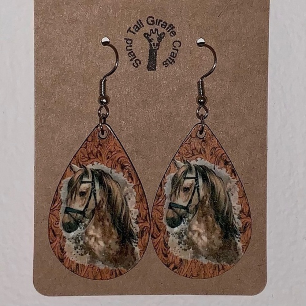 Horse decorative leather design on wood tear drop earrings new